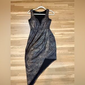 Trac Metallic Black Asymmetrical V-Neck Sheath Dress